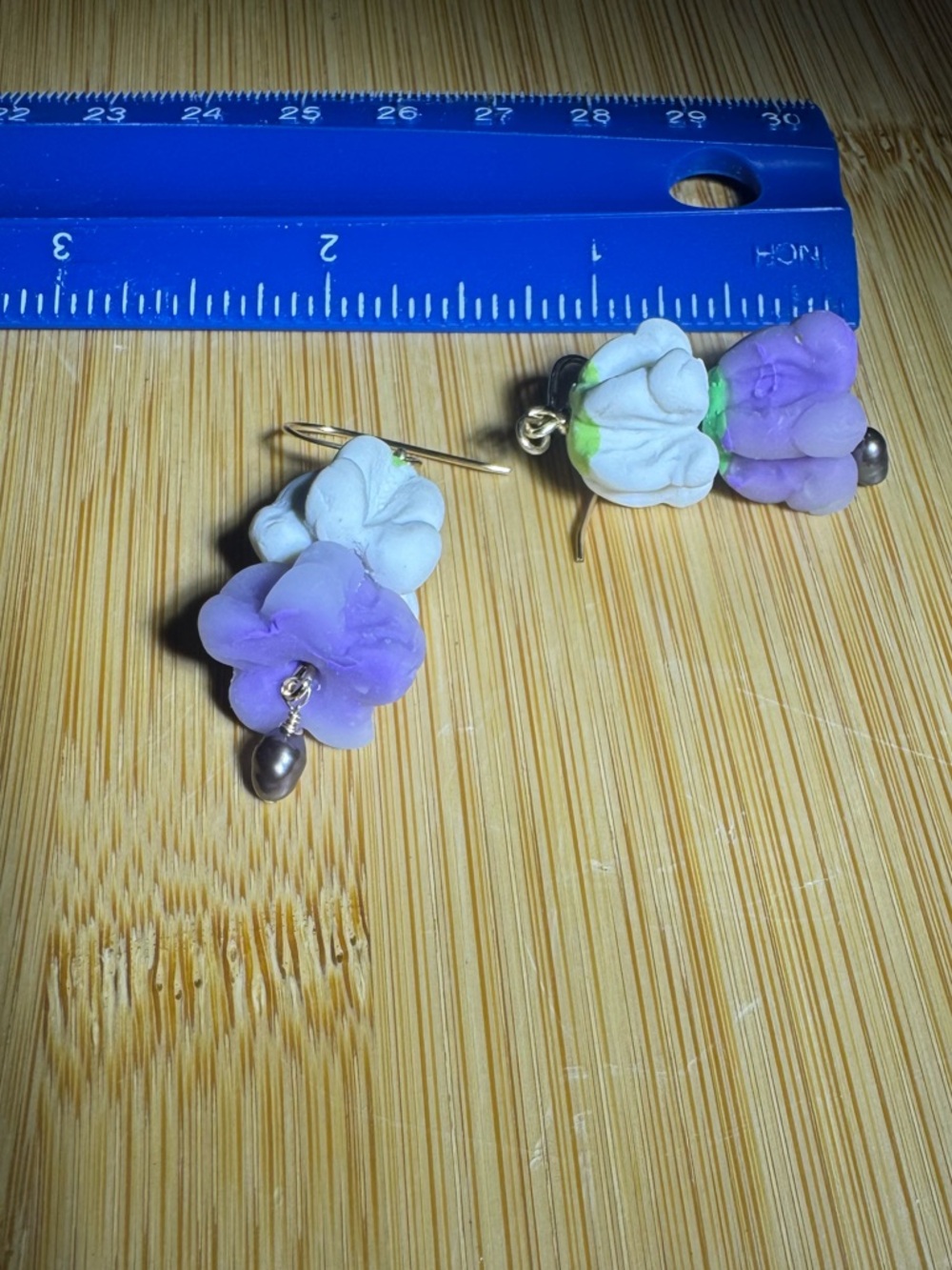 Handcrafted Fimo Clay Lavender & White Drop Earrings with pearls